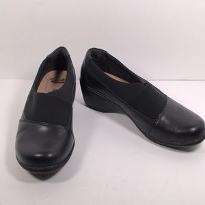 Clark’s Channing Enna Women’s Black Leather Loafers Slip on Wedge Shoe Size 9